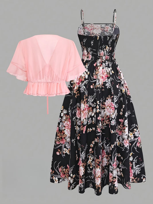 Roselle Black Floral Midi Dress with Pink Ruffle Shrug Set
