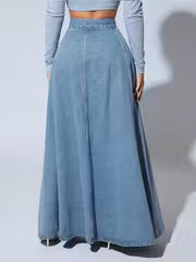 High-Waist Button Front A-Line Denim Skirt