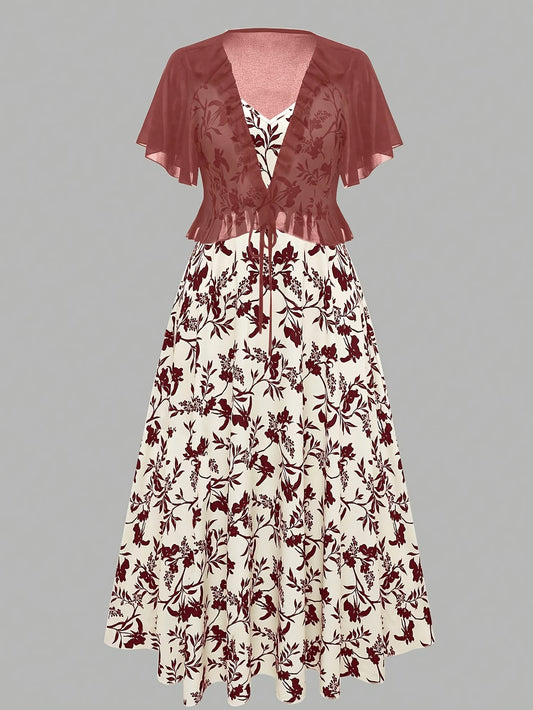 Roselle Burgundy Floral Maxi Dress with Sheer Tie-Front Shrug Set