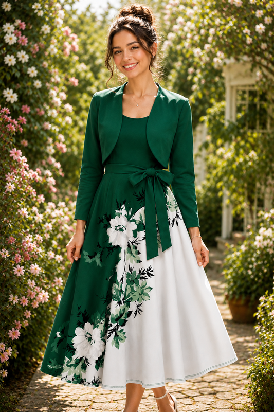 Amara Floral Midi Dress with Shrug | Green Cardigan Jacket with Floral Suspender Dress Set