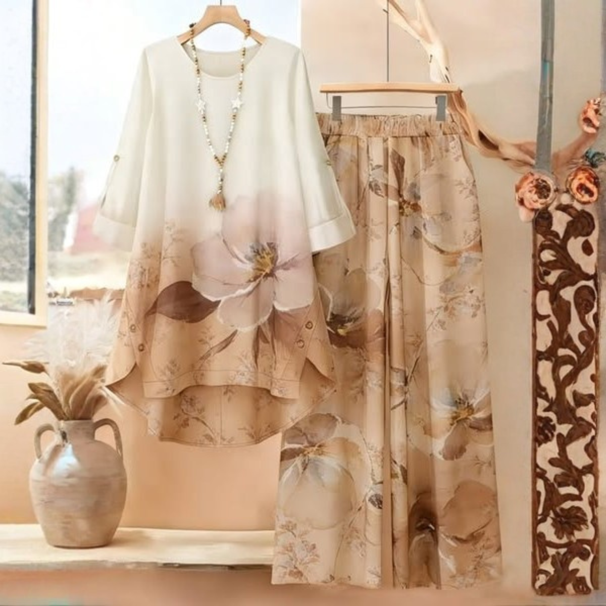 Roselle Elegant Floral Gradient Beige Two-Piece Set