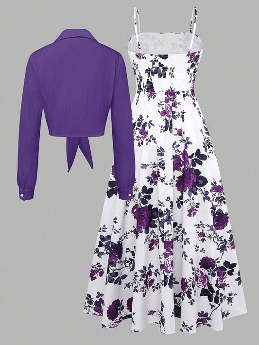 Roselle Purple Floral Midi Dress with Tie-Front Jacket Set