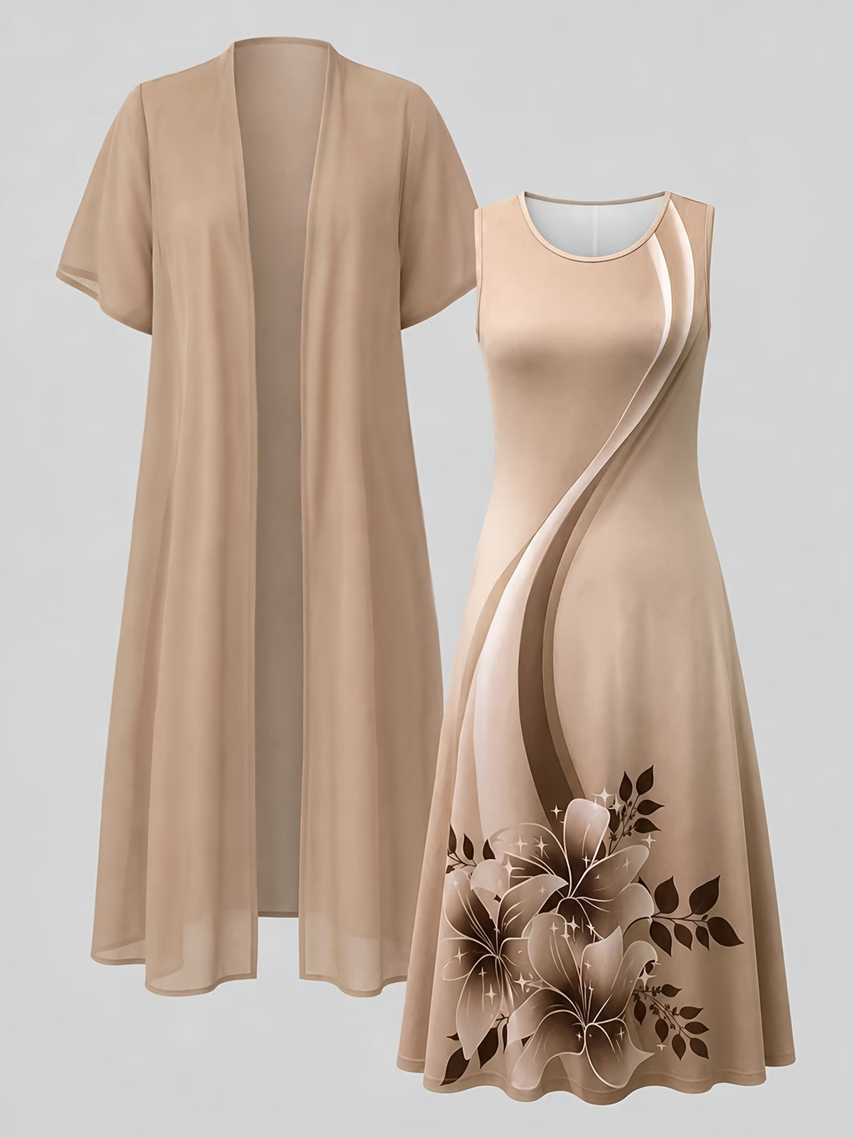 Roselle Elegant Beige Floral Midi Dress with Matching Shrug Set