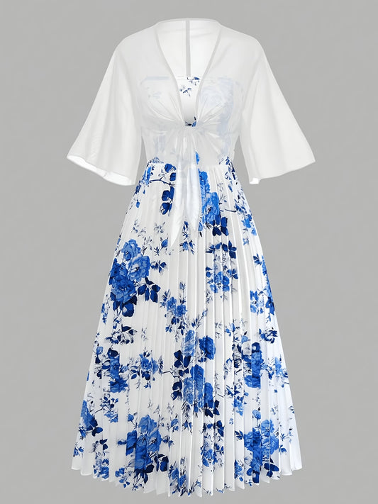 Roselle Blue Floral Pleated Dress with White Tie-Front Shrug Set