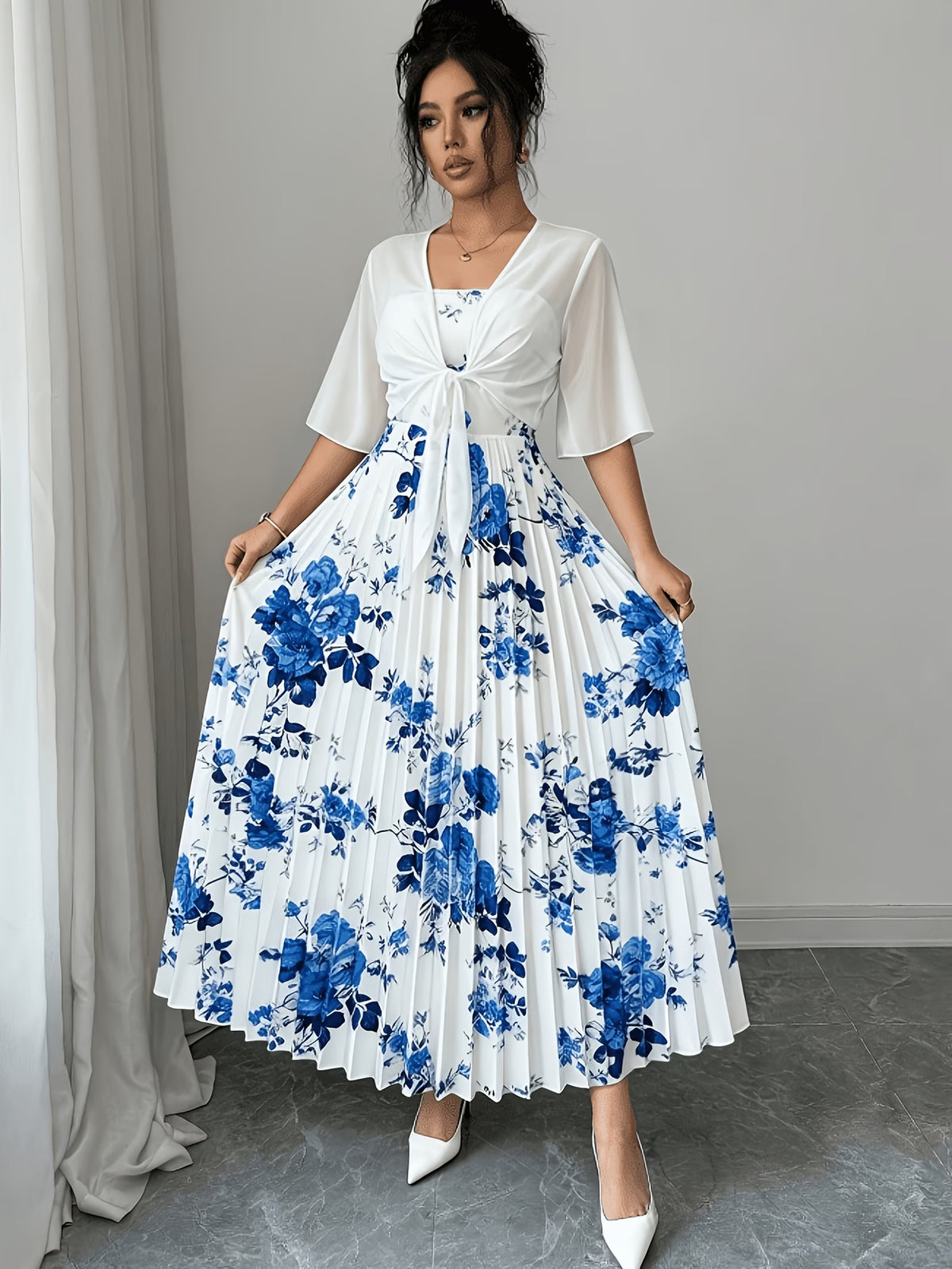 Roselle Blue Floral Pleated Dress with White Tie-Front Shrug Set