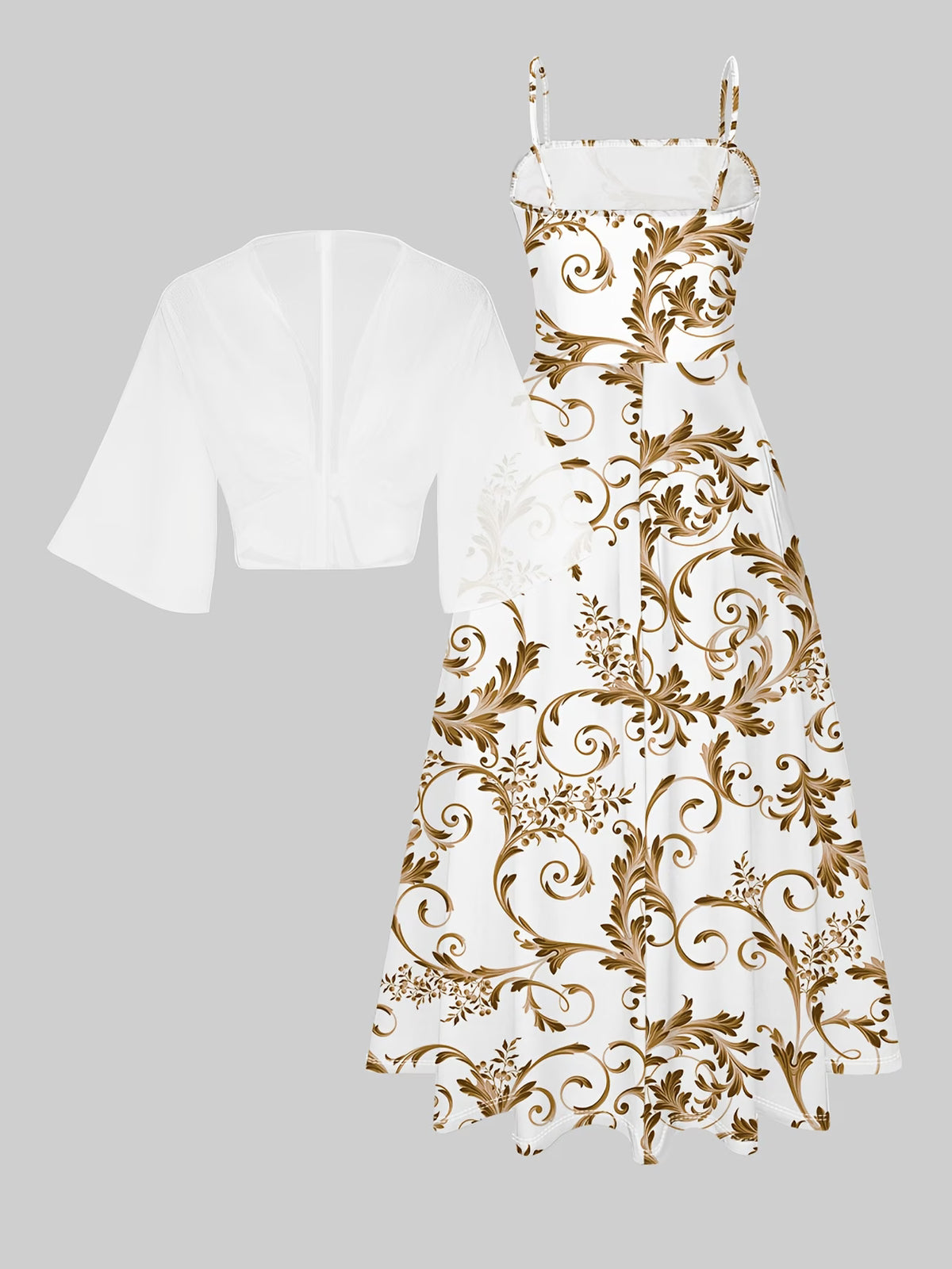 Roselle Golden Baroque Print Dress with White Tie-Front Shrug Set