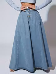 High-Waist Button Front A-Line Denim Skirt