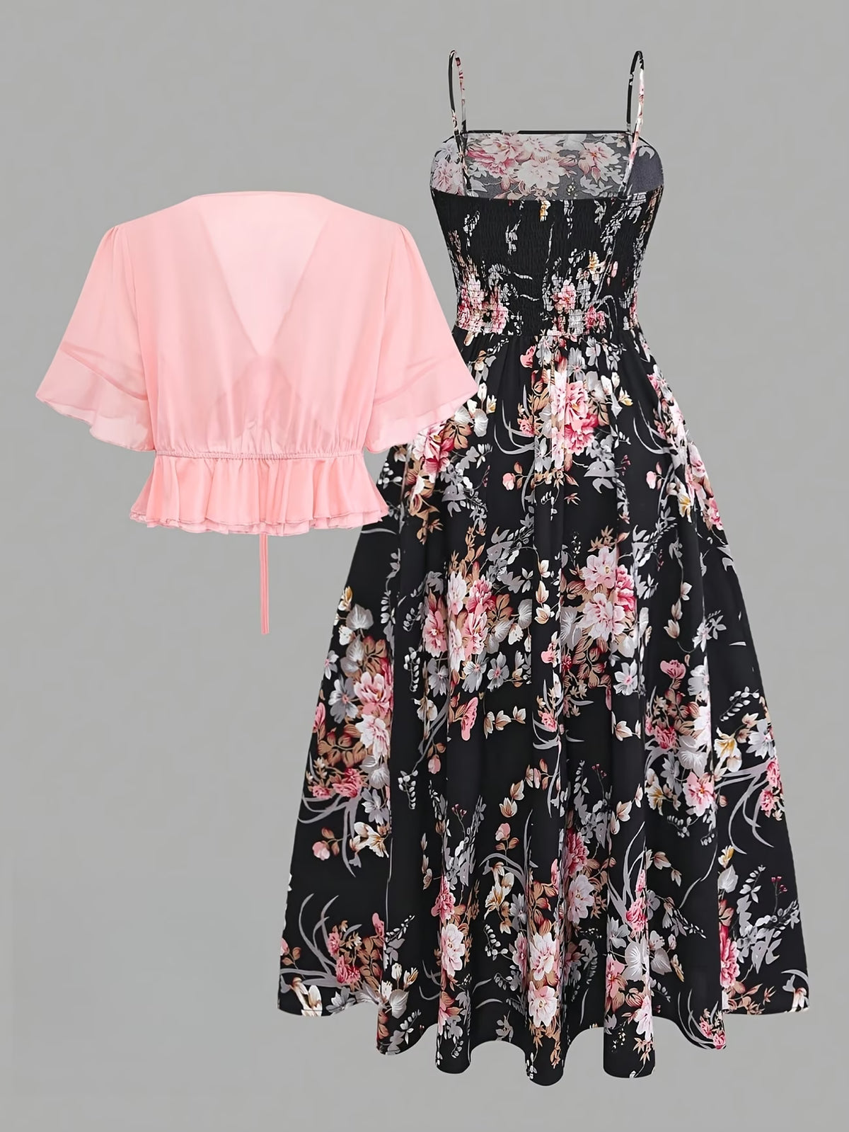 Roselle Black Floral Midi Dress with Pink Ruffle Shrug Set