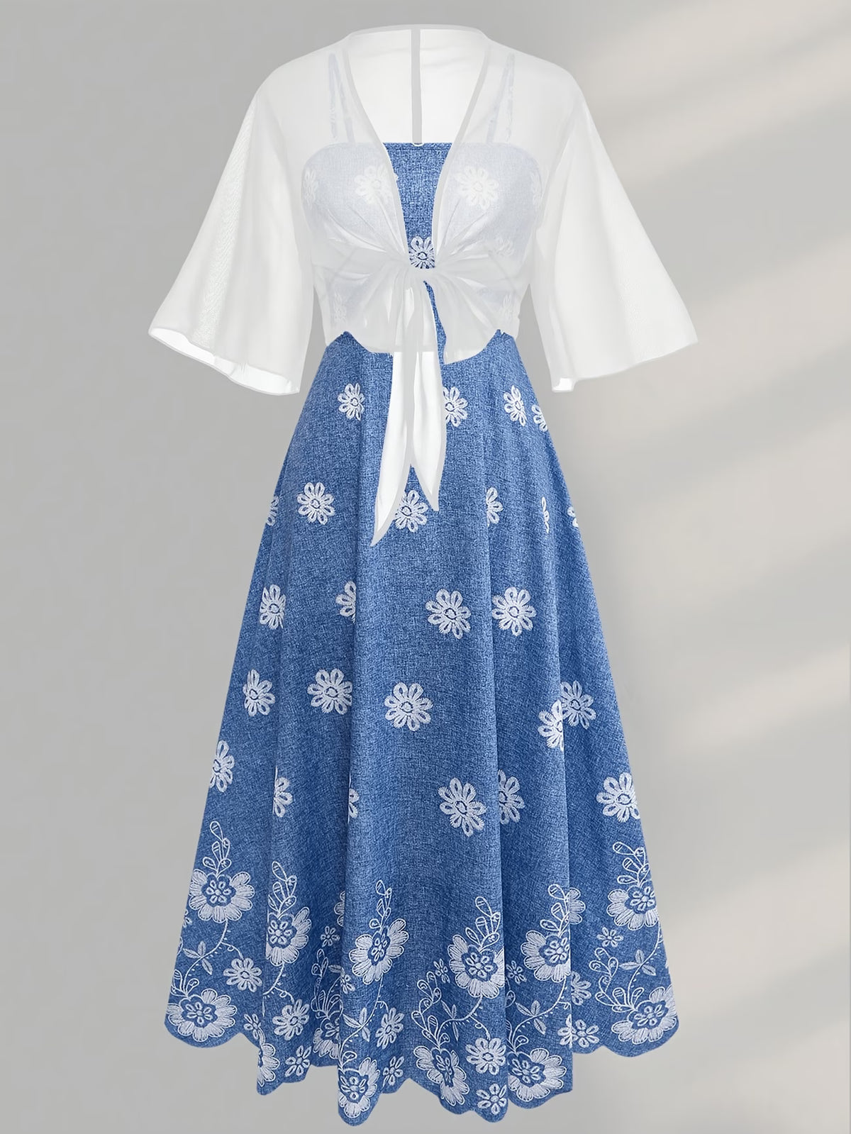 Roselle Blue Floral A-Line Dress with White Tie-Front Shrug Set