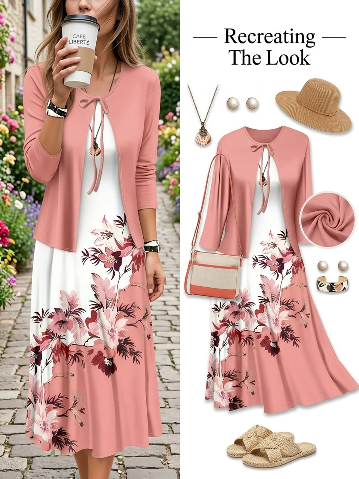 The Roselle Floral Elegance Pink Printed Dress with Tie-Front Shrug (Copy)