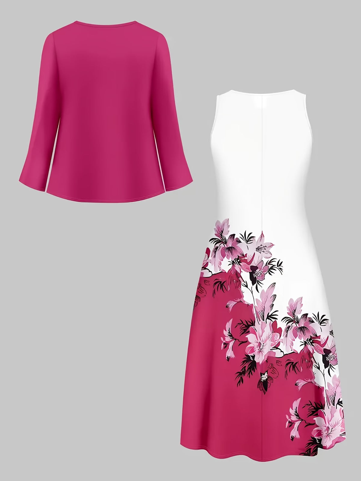 The Roselle Floral Elegance Rose Red Printed Dress with Tie-Front Shrug