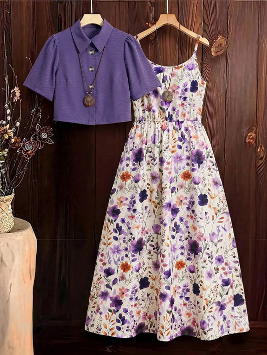 Roselle Lavender Floral Maxi Dress with Short Jacket Set