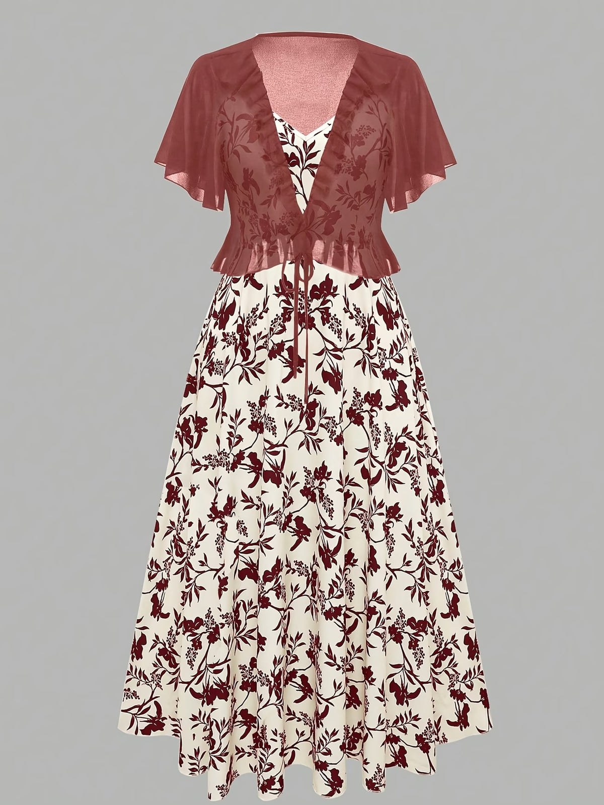 Roselle Burgundy Floral Maxi Dress with Sheer Tie-Front Shrug Set