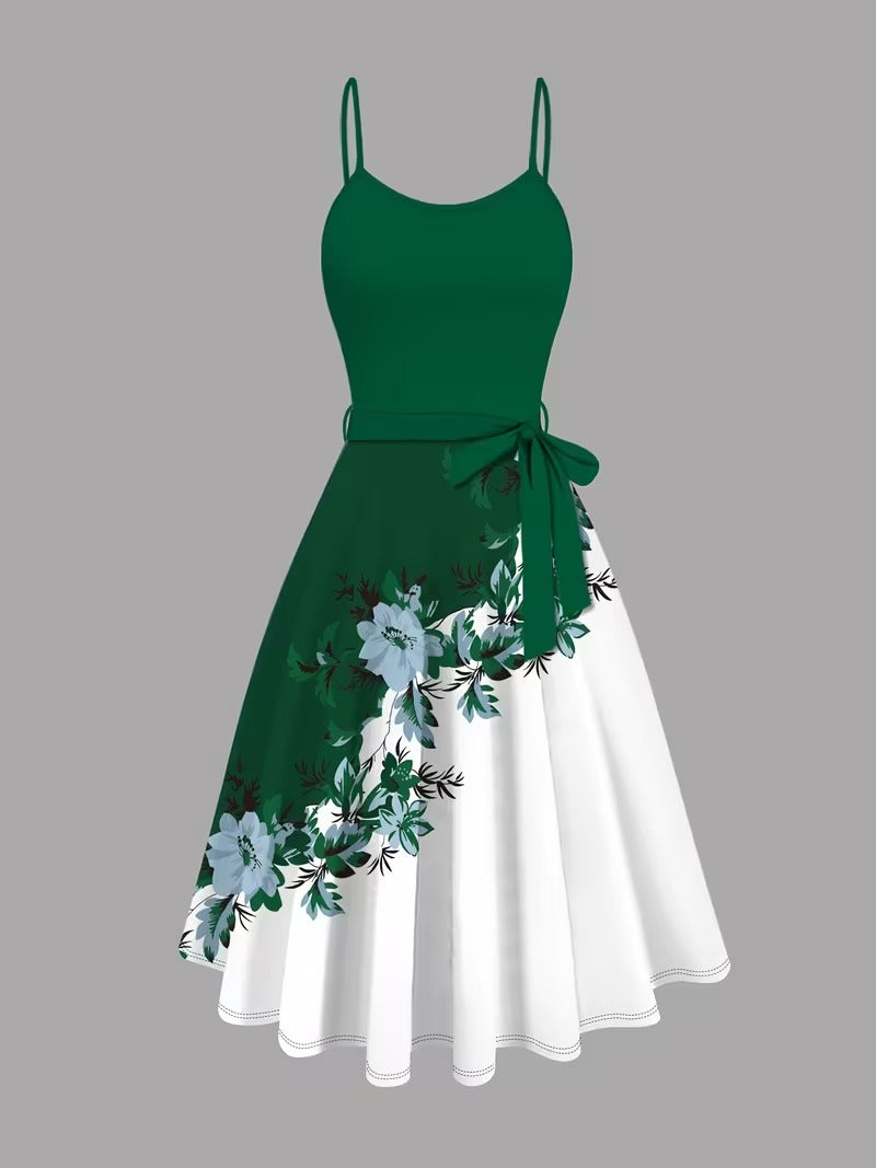 Amara Floral Midi Dress with Shrug | Green Cardigan Jacket with Floral Suspender Dress Set