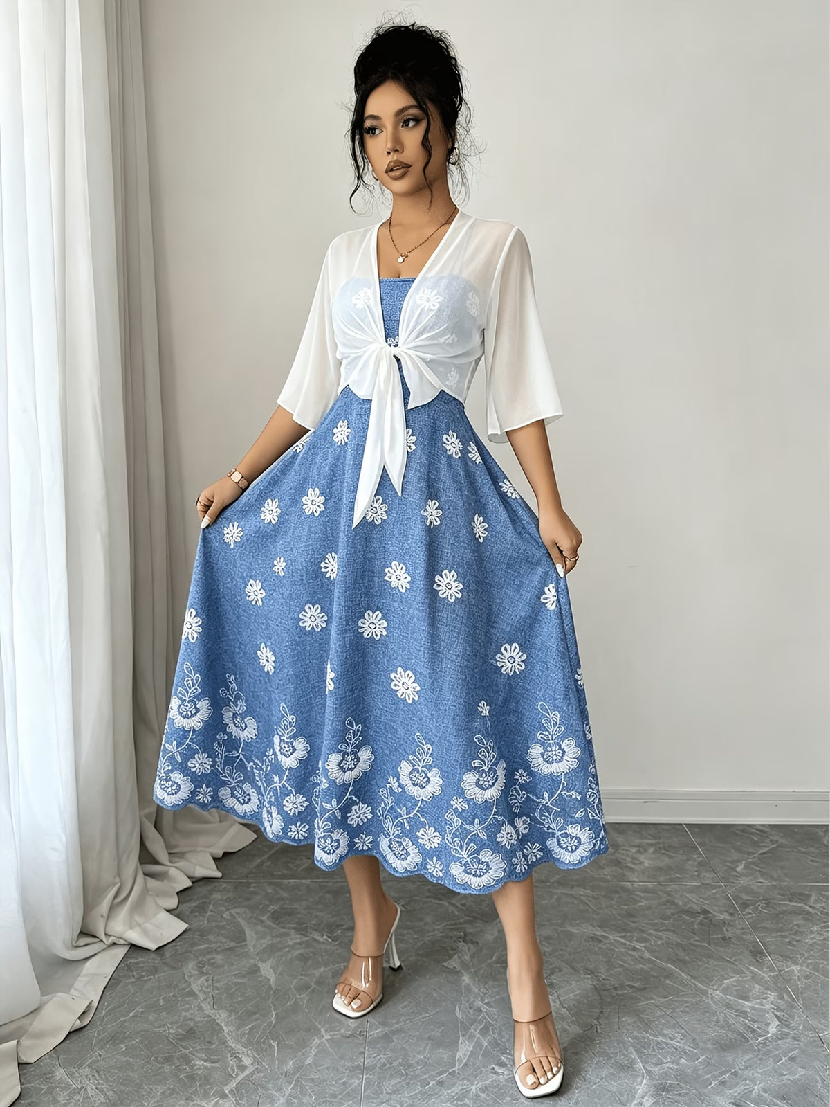 Roselle Blue Floral A-Line Dress with White Tie-Front Shrug Set