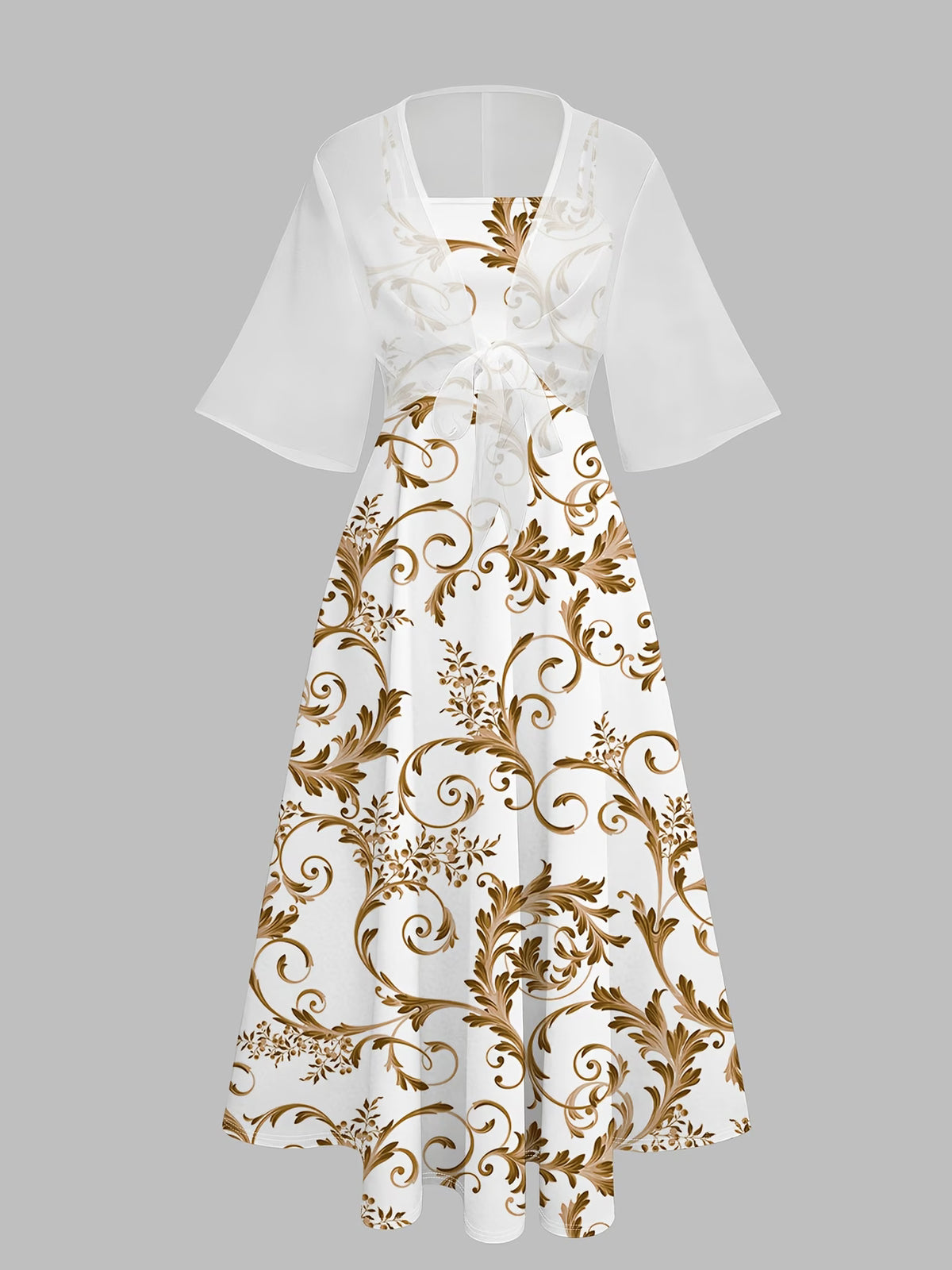 Roselle Golden Baroque Print Dress with White Tie-Front Shrug Set