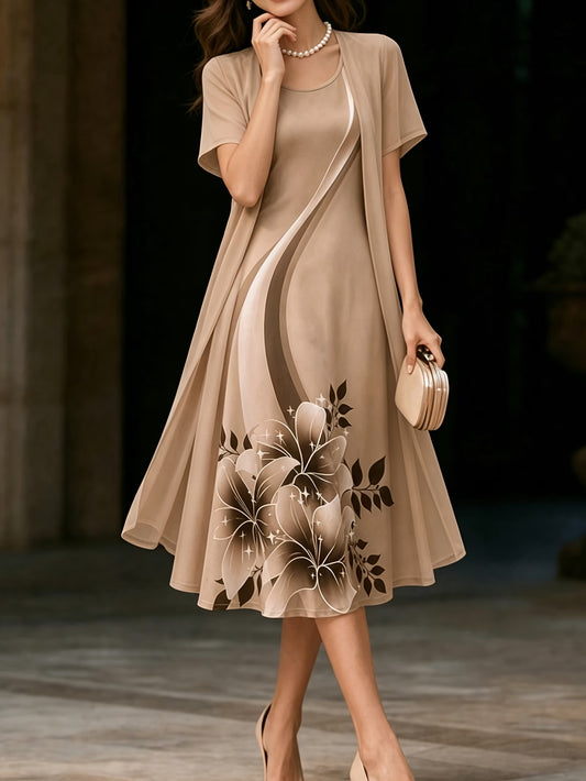 Roselle Elegant Beige Floral Midi Dress with Matching Shrug Set