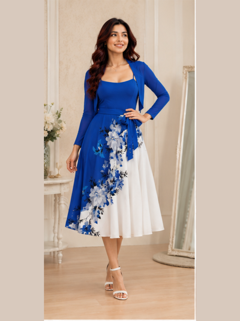 Amara Floral Midi Dress with Shrug | Blue Cardigan Jacket with Floral Suspender Dress Set