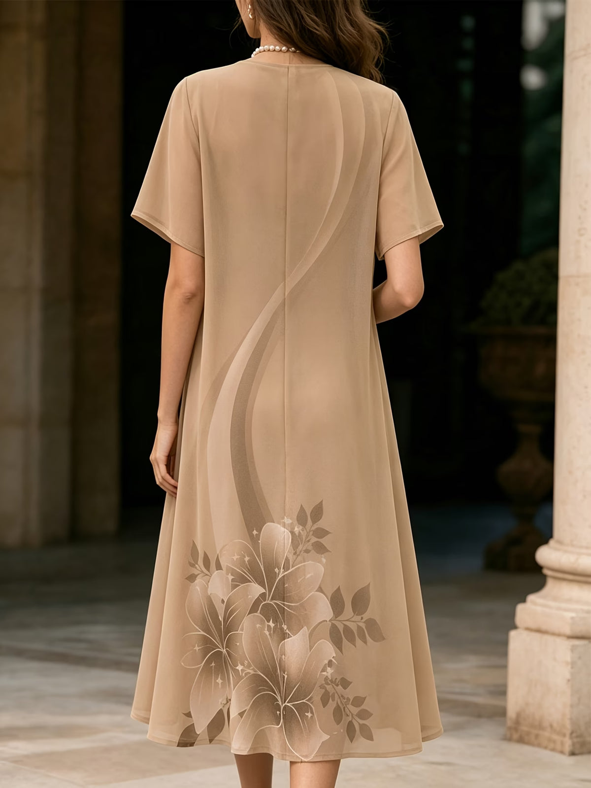 Roselle Elegant Beige Floral Midi Dress with Matching Shrug Set
