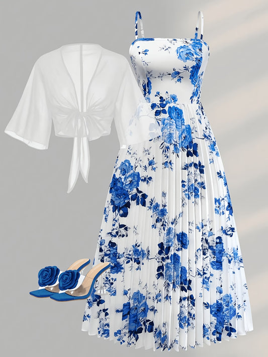 Roselle Blue Floral Pleated Dress with White Tie-Front Shrug Set