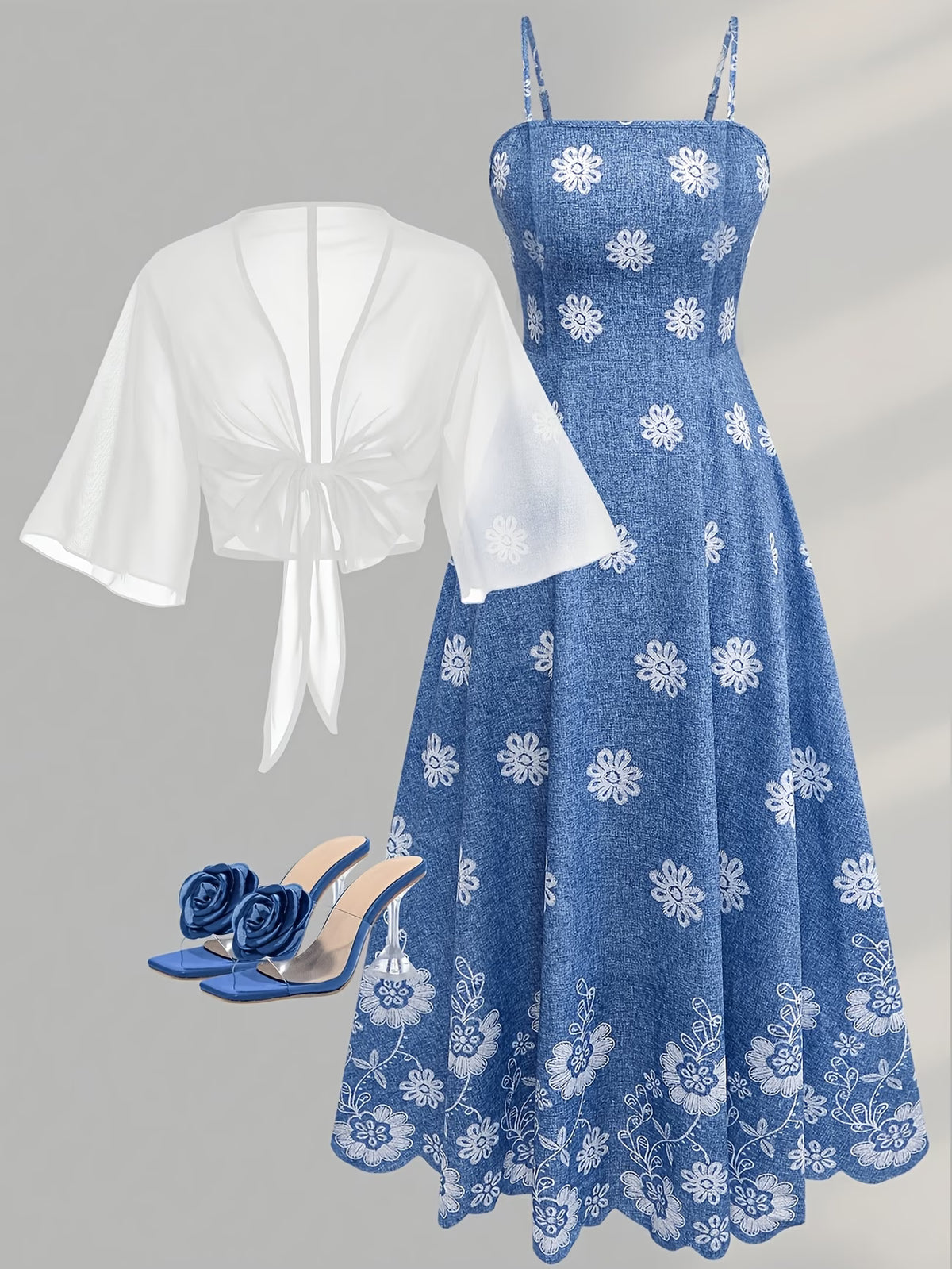 Roselle Blue Floral A-Line Dress with White Tie-Front Shrug Set
