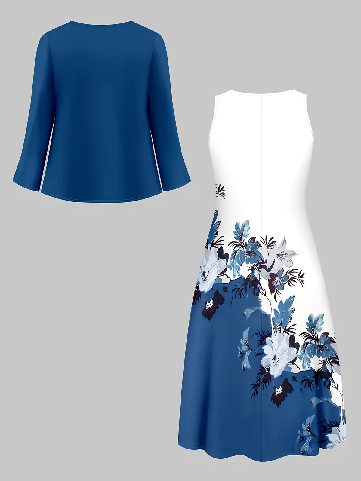 The Roselle Floral Elegance Blue  Printed Dress with Tie-Front Shrug