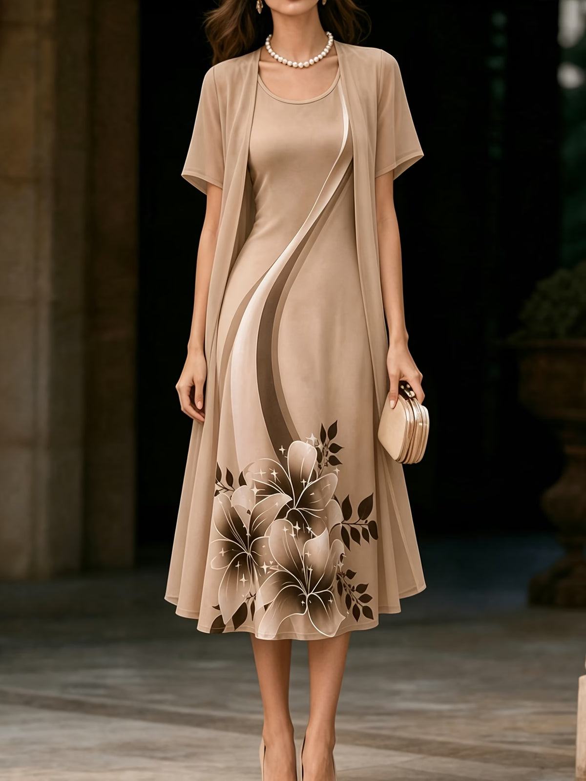 Roselle Elegant Beige Floral Midi Dress with Matching Shrug Set