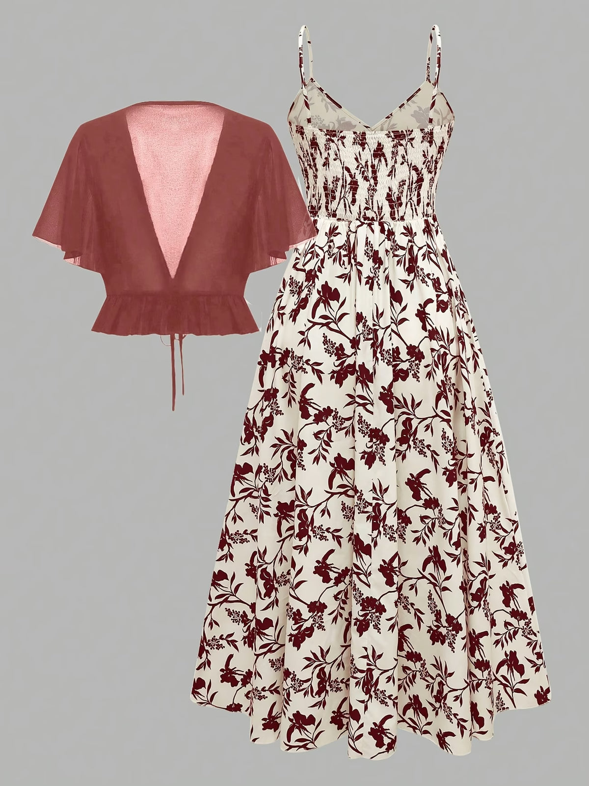 Roselle Burgundy Floral Maxi Dress with Sheer Tie-Front Shrug Set