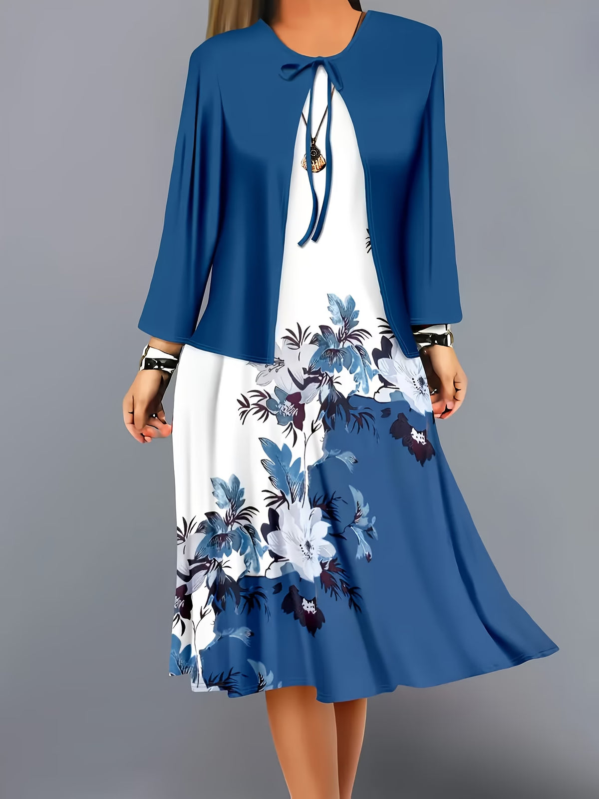 The Roselle Floral Elegance Blue  Printed Dress with Tie-Front Shrug