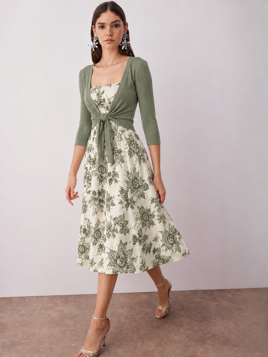 The Roselle Olive Bloom Tie-Front Floral Midi Dress 🌿