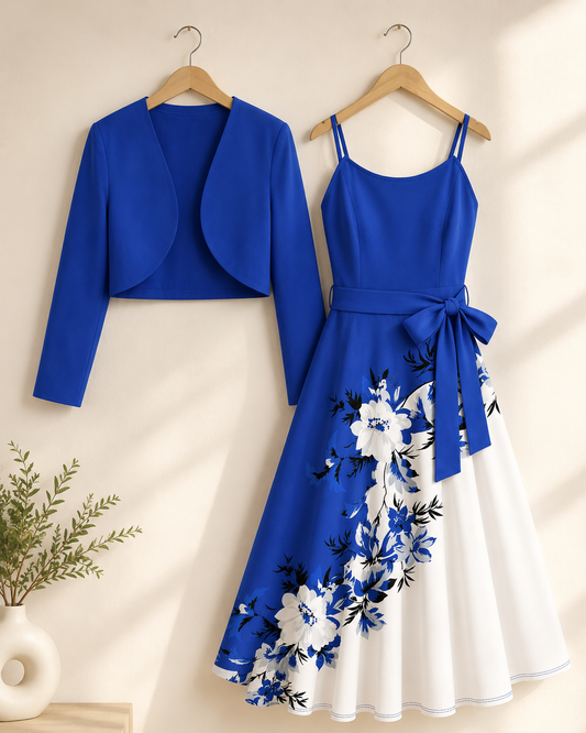 Amara Floral Midi Dress with Shrug | Blue Cardigan Jacket with Floral Suspender Dress Set