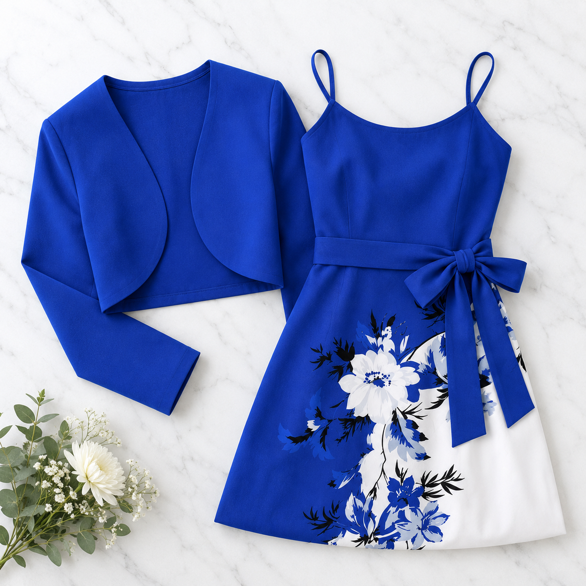 Amara Floral Midi Dress with Shrug | Blue Cardigan Jacket with Floral Suspender Dress Set