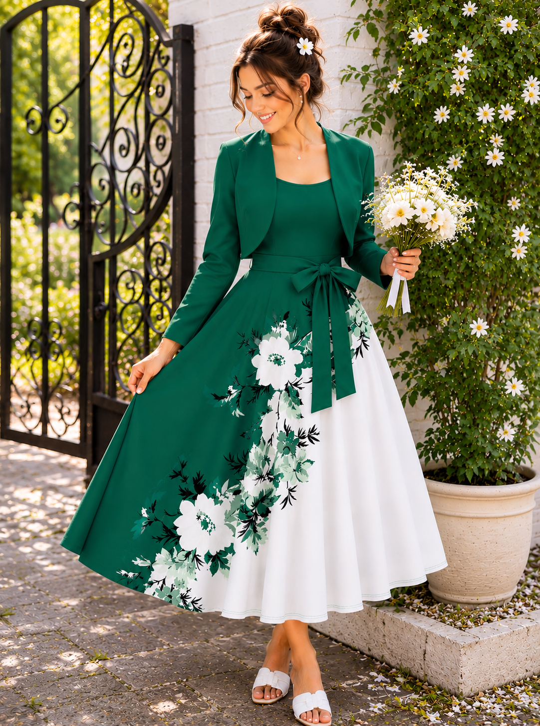 Amara Floral Midi Dress with Shrug | Green Cardigan Jacket with Floral Suspender Dress Set