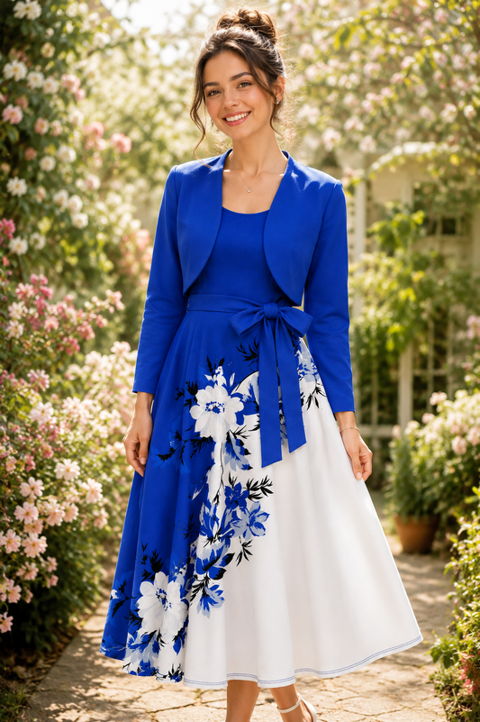 Amara Floral Midi Dress with Shrug | Blue Cardigan Jacket with Floral Suspender Dress Set