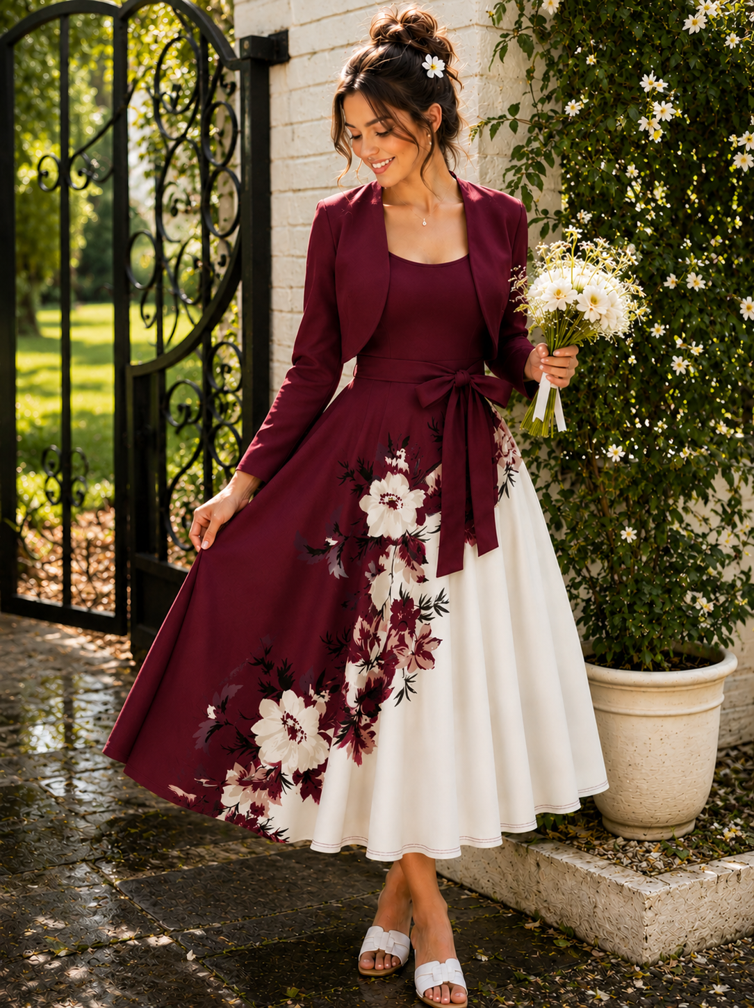 Amara Floral Midi Dress with Shrug | Maroon Cardigan Jacket with Floral Suspender Dress Set