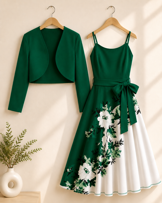 Amara Floral Midi Dress with Shrug | Green Cardigan Jacket with Floral Suspender Dress Set