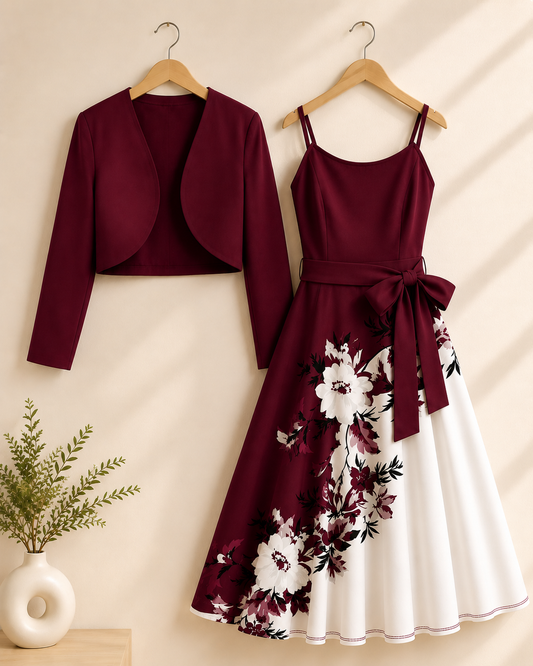 Amara Floral Midi Dress with Shrug | Maroon Cardigan Jacket with Floral Suspender Dress Set