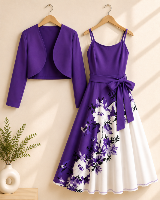 Amara Floral Midi Dress with Shrug | Purple Cardigan Jacket with Floral Suspender Dress Set