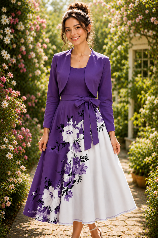 Amara Floral Midi Dress with Shrug | Purple Cardigan Jacket with Floral Suspender Dress Set