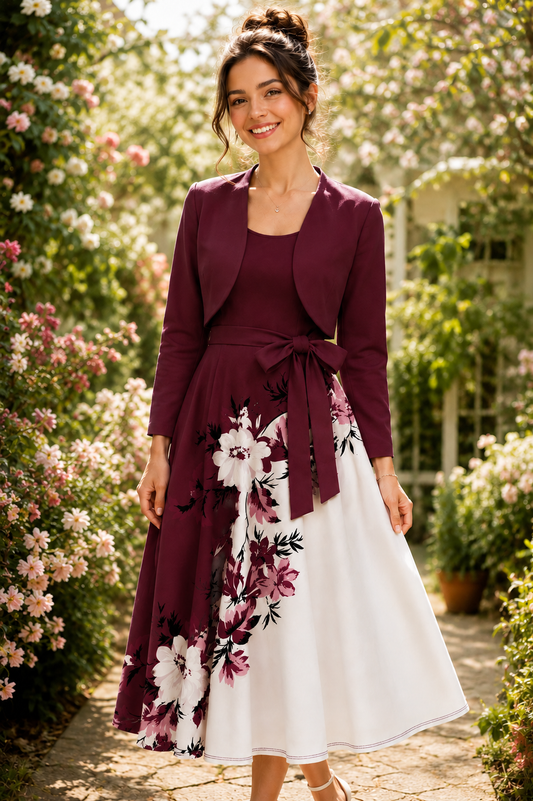 Amara Floral Midi Dress with Shrug | Maroon Cardigan Jacket with Floral Suspender Dress Set
