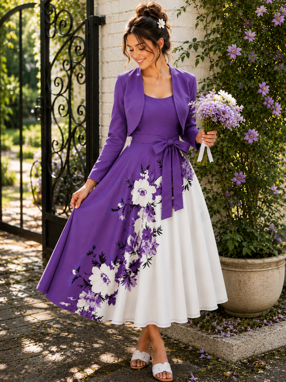 Amara Floral Midi Dress with Shrug | Purple Cardigan Jacket with Floral Suspender Dress Set