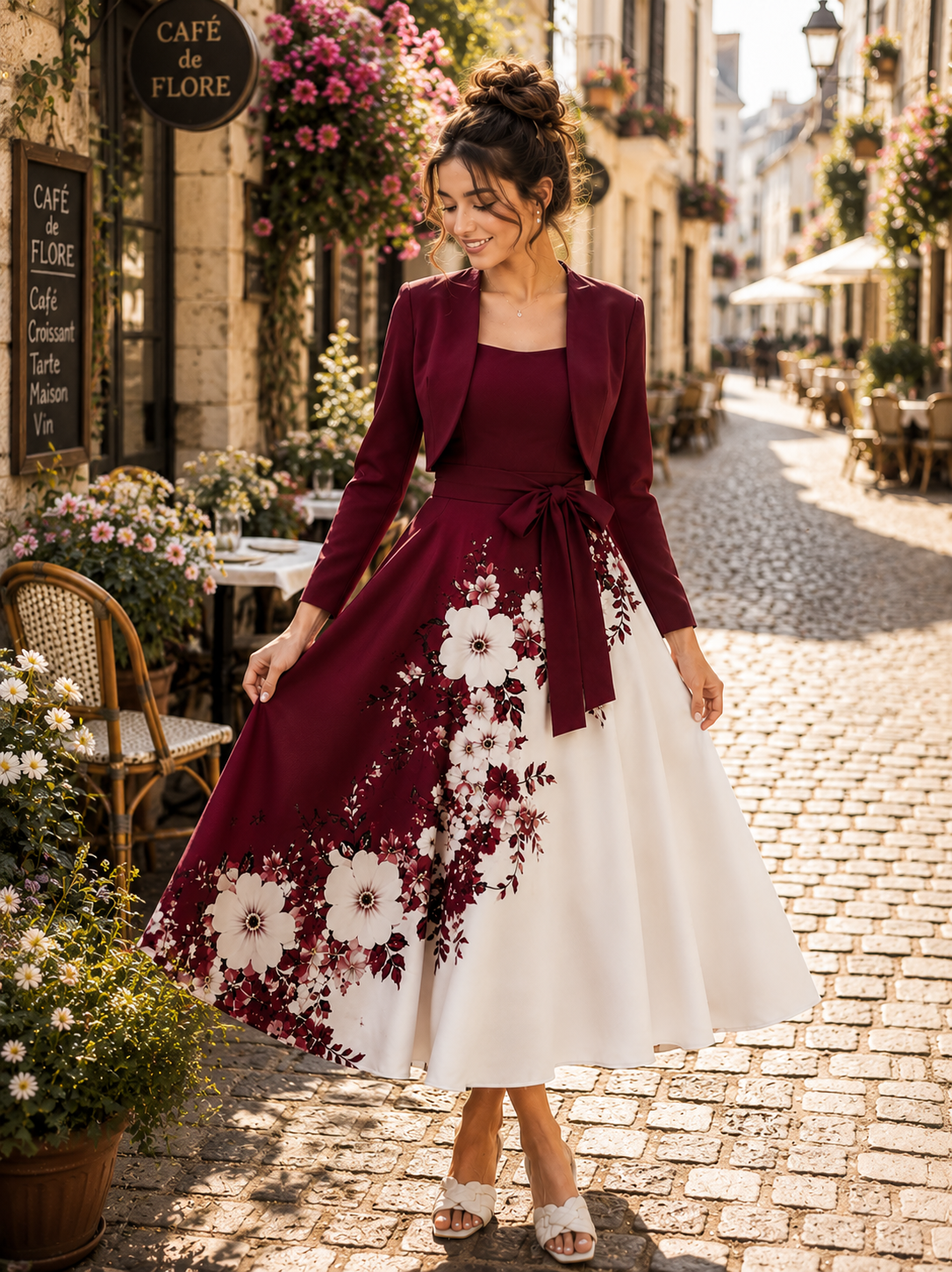 Amara Floral Midi Dress with Shrug | Maroon Cardigan Jacket with Floral Suspender Dress Set