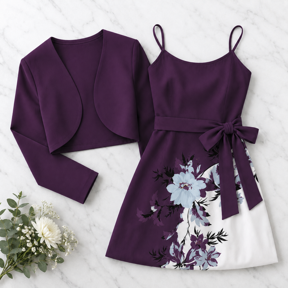 Amara Floral Midi Dress with Shrug | Purple Cardigan Jacket with Floral Suspender Dress Set