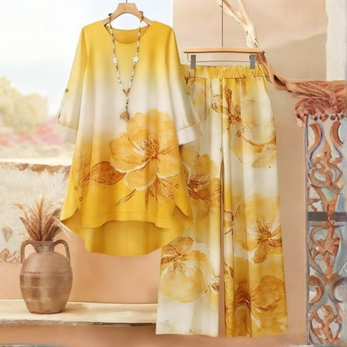 Roselle Elegant Floral Gradient Mustard Two-Piece Set