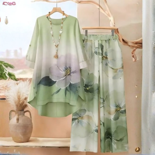 Roselle Elegant Floral Gradient Grace Green Two-Piece Set