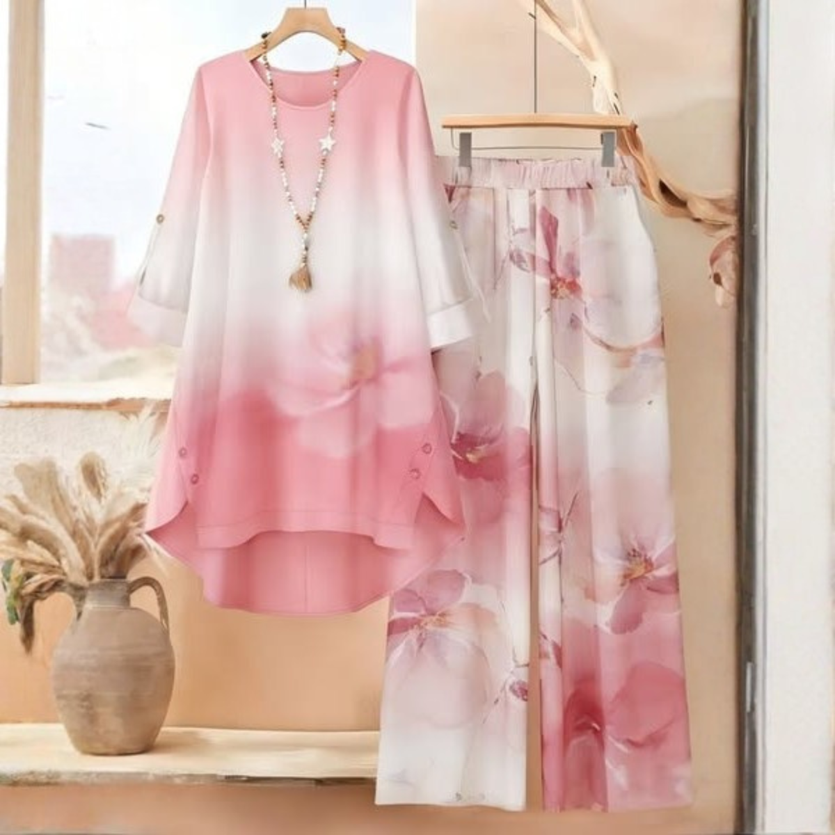 Roselle Elegant Floral Gradient Pink Two-Piece Set