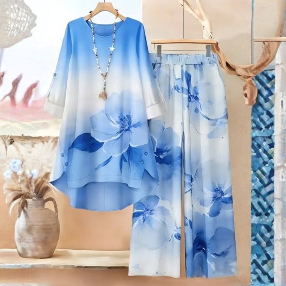 Roselle Elegant Floral Gradient Blue Two-Piece Set