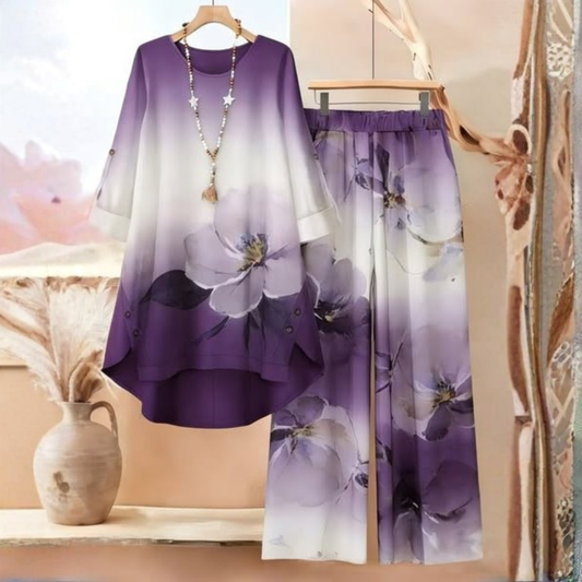 Roselle Elegant Floral Gradient Purple Two-Piece Set