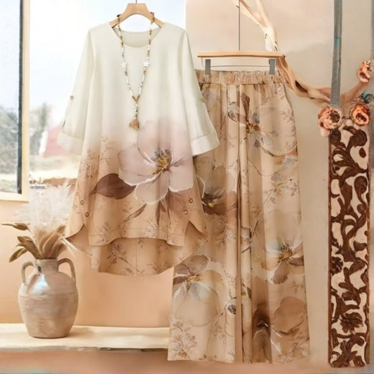 Roselle Elegant Floral Gradient Beige Two-Piece Set