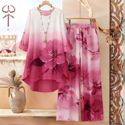 Roselle Elegant Floral Gradient Rose Pink Two-Piece Set